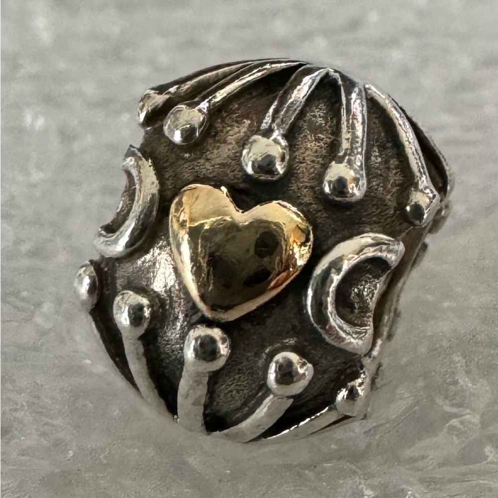 Pandora 925 Sterling & 14K Gold Two Tone Hatched Heart Cage Retired Bead Charm